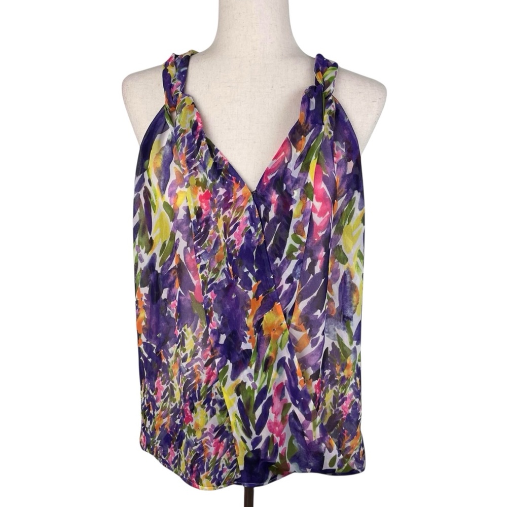 CAbi #730 Sheer Petals Tank Top Size Small Watercolor Floral Faux Wrap Colorful
